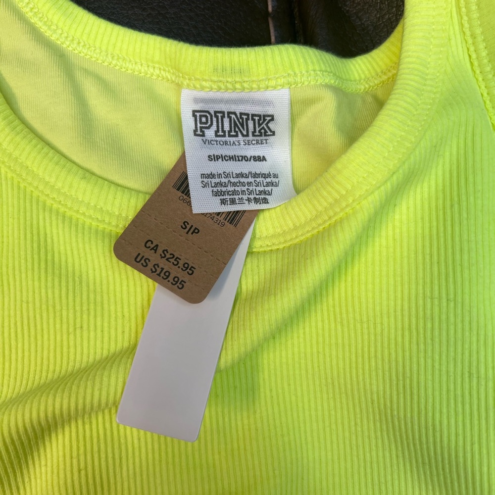BNWT PINK ( VS) Neon Yellow Ribbed Crop Tank Top - Picture 2 of 5
